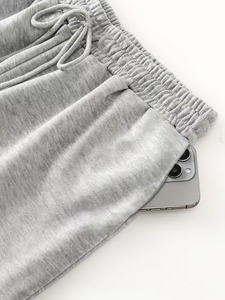 <b>Women</b> High Waist Wide Leg Sweatpants Solid Gray Cotton Elastic Waist Full Length Side Pockets Casual Pants Autumn Style - Product Image 4