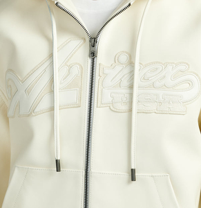 Veste à capuche en cuir crème pour homme, coupe classique, couleur unie, veste bomber à capuche avec fermeture éclair, pour l'automne - Product Image 5