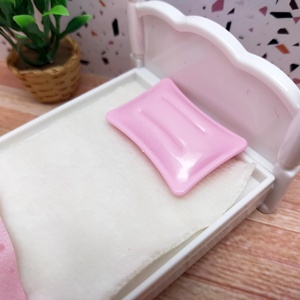 Adorable Miniature Dollhouse Bed Set with Classic White <b>Frame</b> Soft Cream Mattress Tiny <b>Pink</b> Pillow Perfect Scene - Product Image 3