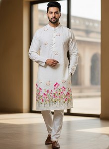 Kurta de Algodón para Hombre, Diseño Floral Bordado, Corte Regular, Largo hasta el Tobillo, Ropa Tradicional India y Pakistaní para Bodas - Product Image 2