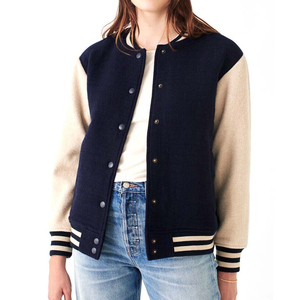 Chaqueta Universitaria Unisex Azul Marino y Beige con Rayas de Color en Bloques, Material de Algodón, Corte Regular, Ropa Casual de Otoño - Product Image 2