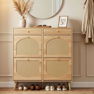 Mobiletto Portascarpe in Stile Antico con 2 Cassetti e 4 Scomparti Ribaltabili in Truciolato di Mango 105*24*110cm Colore Legno Naturale - Product Image 1