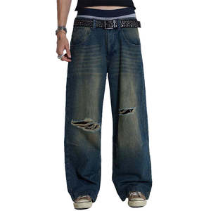 Jean large pour homme en denim déchiré, coupe ample, taille mi-haute, style hip-hop streetwear, en coton tissé pour l'automne - Product Image 4