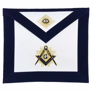 Tablier maçonnique brodé sur mesure blanc avec bordure bleu marine, symbole de l'œil d'or et du compas carré, style classique, insigne de vêtement - Product Image 1