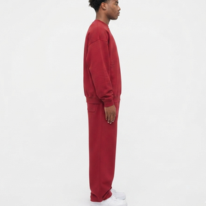 Men's <b>Red</b> Cotton Tracksuit Crew Neck Sweatshirt Jogger Set Loose Fit Solid Color Casual Autumn Wear Full Length Side Pockets - Product Image 5