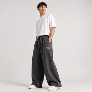 Pantalon de jogging décontracté gris pour homme, coupe oversize, jambe large, en molleton de coton, taille élastique avec cordon de serrage, poches, respirant, logo personnalisé - Product Image 1