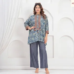 Women <b>Blue</b> Paisley Printed <b>Tunic</b> Two Piece Set Loose Fit Three Quarter Sleeve Ethnic Boho Casual Wide Leg Pants Outfit - Product Image 4