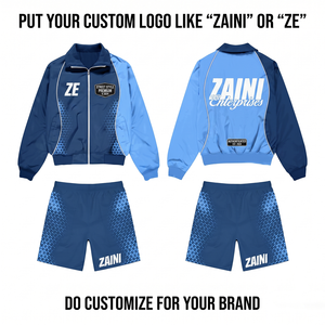 ชุดเซ็ตเสื้อแจ็คเก็ตและกางเกงขาสั้น ZAINI 300 กรัม ผลิตจากผ้าไมโครไฟเบอร์โพลีเอสเตอร์/ไนลอนคุณภาพพรีเมียม แห้งเร็ว มีฮู้ด สีน้ำเงินกรมท่า รับสกรีนโลโก้ ชุดกีฬา - Product Image 1