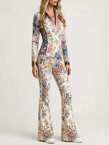 Ensemble de survêtement 2 pièces pour femme à motif floral, haut à manches longues avec demi-zip et leggings évasés - Product Image 3