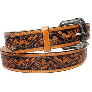 Cinturón de Cuero Puro Occidental Tallado a Mano con Diseño de Águila Personalizado para Hombre y Mujer, Hebilla de Latón Plateado Antiguo - Product Image 1