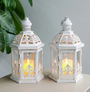Moroccan Style Hexagon Metal Candle <b>Lantern</b> Gold Finish Star Cutouts Green Blue Embossed Glass Panels Votive <b>Tea</b> <b>Light</b> Holder - Product Image 1