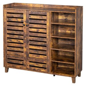Mobiletto Portascarpe dal Design Semplice in Legno Invecchiato con 2 Ante e 5 Scomparti Aperti, Dimensioni 116*35.5*107cm, Pannello Posteriore in MDF, Piano d'Appoggio - Product Image 2