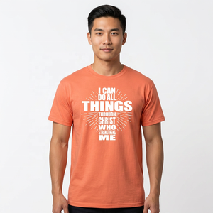 เสื้อยืดผู้ชายสีส้ม "ฉันสามารถทำทุกอย่างโดยพระคริสต์ผู้ทรงเสริมกำลังฉัน" พิมพ์ลายลำลองแขนสั้นคอกลมผ้าเจอร์ซีย์ผ้าฝ้าย - Product Image 3