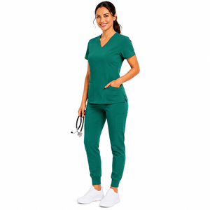 Wholesale Women Scrub <b>Set</b> Elastic Stretch V-Neck Short Sleeve Top Cargo Jogger Pants Hospital Work Attire Women Scrub <b>Set</b> - Product Image 5