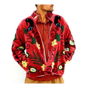 Red Velvet Knitted Cotton Fleece Jacket with Hand Embroidered Floral Pattern Full Sleeve Mandarin Collar Open <b>Stitch</b> Winter Wear - Product Image 5