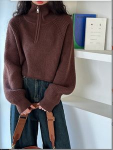 Suéter Corto de Punto para Mujer, Manga Larga, Cuello Alto, Cierre de Cremallera, Manga Farol, Color Sólido, Informal, para Invierno - Product Image 3