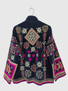 Veste à col mandarin en velours brodée à la main avec des motifs floraux, manches longues, taille plus, vêtements d'hiver pour femmes, style bohème chic - Product Image 3