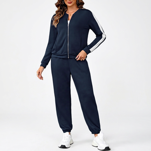 Ensemble de survêtement bleu marine pour femme, manches longues, fermeture éclair sur le devant, couleur unie, ensemble décontracté avec poches latérales, vêtements d'automne - Product Image 6