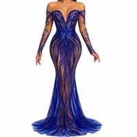 Robe de soirée bleu roi droite et sexy, luxueuse, ornée de sequins, épaules dénudées, col en V, longueur ras du sol, pour soirée formelle, en polyester naturel