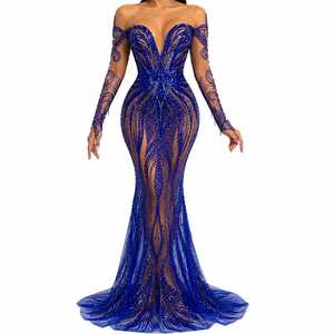 Vestido de Noche Recto Azul Rey Sexy con Lentejuelas de Lujo, Hombros Adornados, Largo hasta el Suelo, para Fiesta Formal, de Poliéster con Cola Natural - Product Image 1