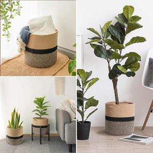 Pot de fleurs en coton tissé à la main, style bohème, panier pour plantes d'intérieur, rayures noires naturelles, taille moyenne - Product Image 3