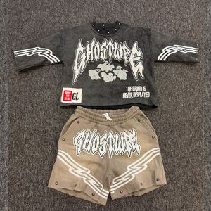 Custom Summer Heavyweight 100% Cotton Streetwear Matching Set Graphic Print Sweatshirt Shorts <b>Distressed</b> Edge Rivet Detail OEM - Product Image 5
