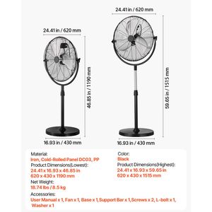 Ventilatore Industriale a Piantana da 20 Pollici con Altezza Regolabile 46.9-59.6 cm, 3 Velocità, Alimentazione CA, Spina AU e US - Product Image 3