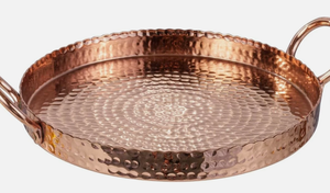 Hammered Copper Round Serving Tray with Handles Stainless Steel with a textured dimpled hammered finish and scalloped crimped - Product Image 3