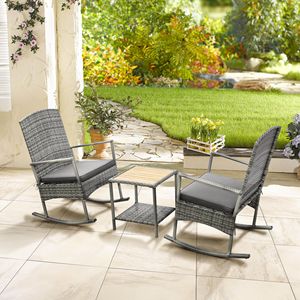 Set di 3 Sedie a Dondolo da Esterno in Rattan PE con Cuscini Morbidi e Seduta in Legno per Patio e Terrazza - Product Image 6