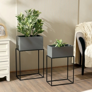 Juego Decorativo de 2 Macetas Rectangulares de Metal Gris Mate con Soportes Cuadrados de Metal Negro para Plantas, Helechos y Oficina - Product Image 5