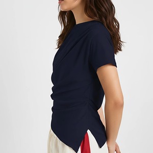 Camiseta Corta Asimétrica para Mujer, Cuello Redondo, Color Sólido, Tejido de Punto, Ajustada, Informal, de Secado Rápido y Transpirable para Verano - Product Image 2