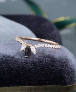 Black Onyx Curved wedding band <b>Silver</b> Moissanite Diamond Wedding Band Vintage Marquise Cut <b>Stacking</b> Unique Bridal Anniversary - Product Image 5
