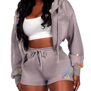 Conjunto de 2 Piezas para Mujer, Color Gris, Top Corto con Capucha, Bordado Colorido, Corte Regular, Informal, Invierno, Transpirable, Felpa, Largo Completo - Product Image 6