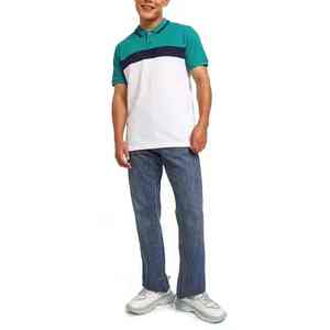 Polo de algodón con bloques de color para hombre, manga corta, corte regular, informal, blanco, verde, azul marino, transpirable, tejido Oxford, unisex. - Product Image 2