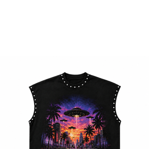Camiseta sin mangas con cuello redondo y estampado de UFO City, ribete de diamantes de imitación, transpirable, estilo urbano, 100% algodón, corte holgado para hombre - Product Image 5