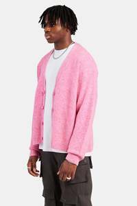 Men's Pink Acrylic <b>Cardigan</b> V-Neck <b>Button</b> Front Regular Sleeve Solid Color Autumn Wear Anti-Pilling - Product Image 2