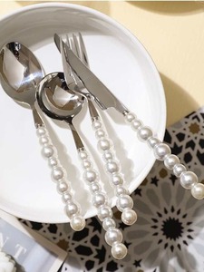 Ensemble de couverts en argent plaqué avec poignée en perles, finition miroir, longue poignée, vaisselle de mariage élégante, cuillère, fourchette, couteau - Product Image 1