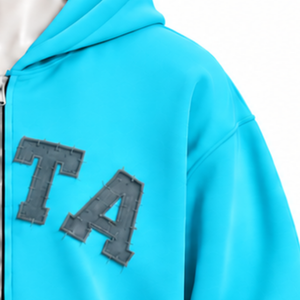 Cyan Blue Mens <b>Zip</b> Front <b>Hoodie</b> Chenille Letter Patch Heavyweight Fleece Oversized Streetwear Sweatshirt with Kangaroo <b>Pockets</b> - Product Image 5