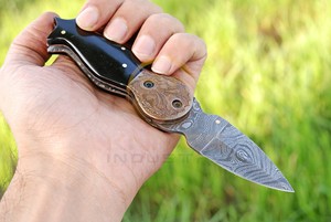 Cuchillo Plegable de Acero de Damasco Hecho a Mano con Mango de Cuerno de Búfalo, Cuchillo de Bolsillo para Camping al Aire Libre, OEM/ODM Disponible - Product Image 2