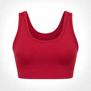 Sujetador deportivo rojo liso con cuello redondo y costuras, personalizado y a la moda para mujer, top de fitness con tirantes fijos para uso diario. - Product Image 3
