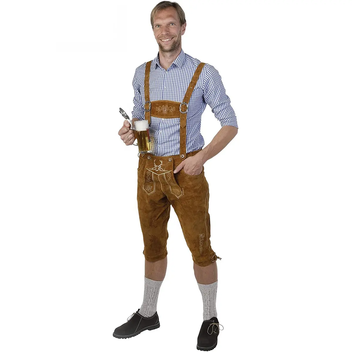 Celana pendek tali lutut lederhosen tradisional celana kulit celana Tradisional digunakan terlihat krem Bavaria Lederhosen Oktoberfest