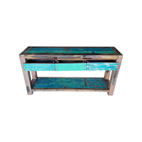 Table console rustique en teck avec 3 tiroirs pour chambre, villa, salon, entrée, appartement, hôtel, mobilier de maison, en bois de bateau recyclé