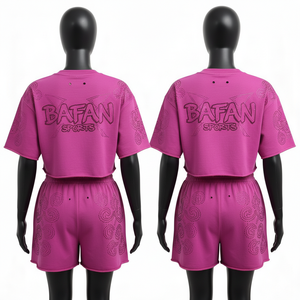 Women GSM Soft Cotton Blend Crop Tee Shorts Set Fuchsia <b>Crystal</b> Stud Heat Press Custom Logo 100% Cotton Crop <b>Top</b> & Shorts Set - Product Image 2