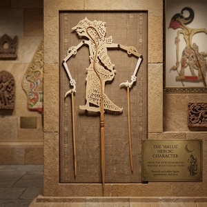 Marionnette de théâtre des ombres Wayang Kulit en cuir indonésien artisanale, représentant la déesse Kamaratih, décoration murale traditionnelle et ornement artisanal. - Product Image 6