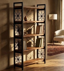 Modern Industrial <b>Wooden</b> Etagere Shelf 5-Tier with Metal Frame Freestanding Backless <b>Bookcase</b> For Living Room Home Furniture - Product Image 2