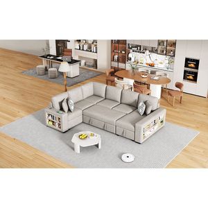 Divano Letto Sezionale a U da 109 Pollici con Due Porte USB e Chaise Longue Contenitore, Quattro Cuscini per il Soggiorno - Product Image 4