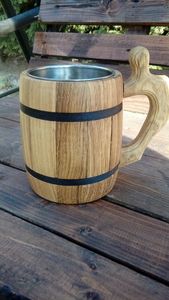 Wooden Beer <b>Mug</b> with Metal Bands Handle Modern Classic Bar Accessory Reusable Drinkware Eco-Friendly <b>Handmade</b> Dishwasher Safe - Product Image 3