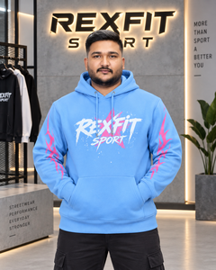 <b>Mens</b> Sky Blue Zipper Hoodie <b>Pink</b> Sleeve Graphic 100% Cotton Winter Heavyweight 370g Fleece Oversized Streetwear <b>Sweatshirt</b> - Product Image 1