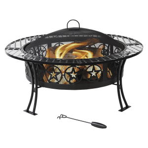 Brasero d'extérieur rond en acier avec grille de cuisson BBQ, écran anti-étincelles et pioche à feu FP003 - Product Image 1