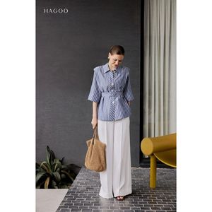 Chemise en lin rayée élégante pour femme, coupe ample, manches larges, ceinture, effet délavé, respirante, légère, pour le bureau, le quotidien, les vacances, le printemps A8133 - Product Image 4